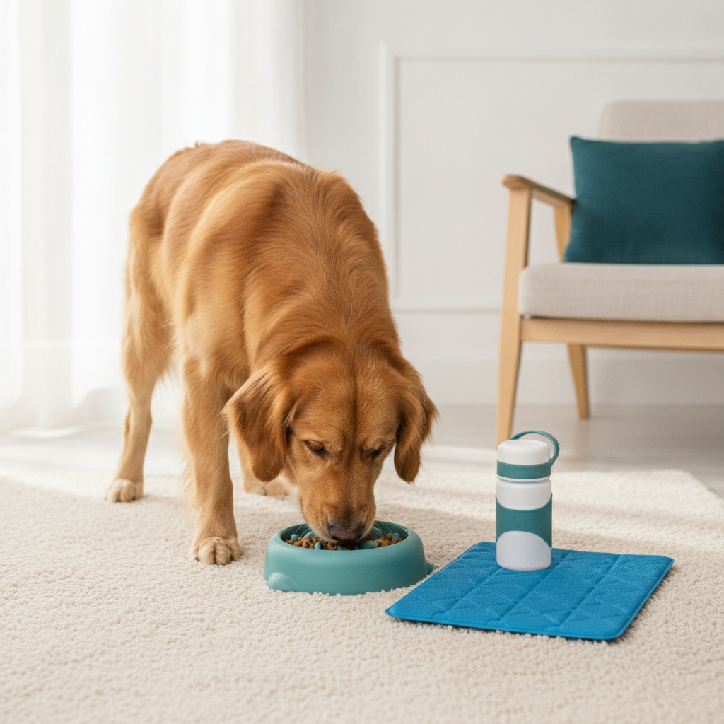 A golden retriever eats from a slow feeder bowl, with a portable dog water bottle and a cooling mat beside it on a cream surf