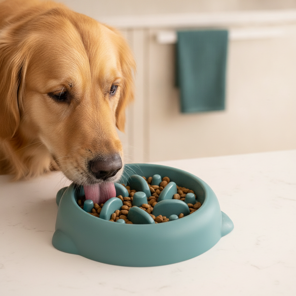 Close-up of a dog's snout near a slow feeder dog bowl in a modern, cream-colored kitchen, showing the bowl's bone-shaped obst