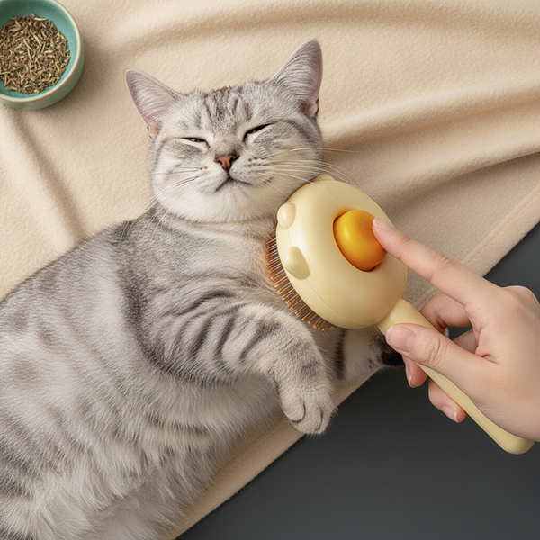 Close-up of a cat comb gently massaging a short-haired cat's neck and shoulder, showing the comb's bristles and the cat's rel