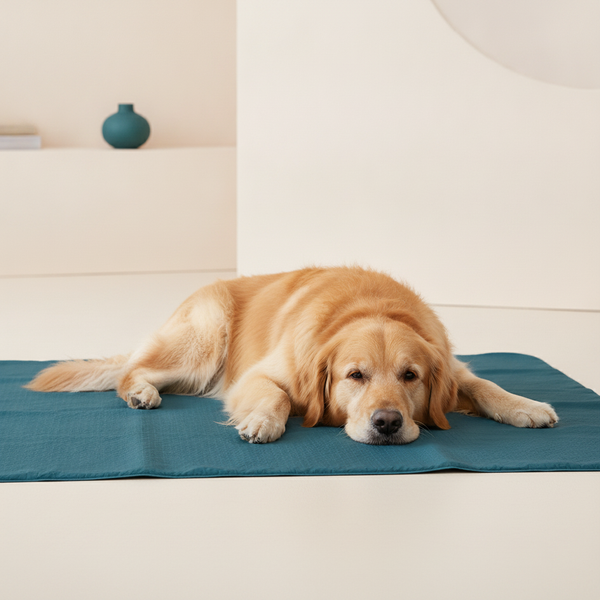 Golden retriever relaxing on a teal cooling mat in a modern, well-lit setting.